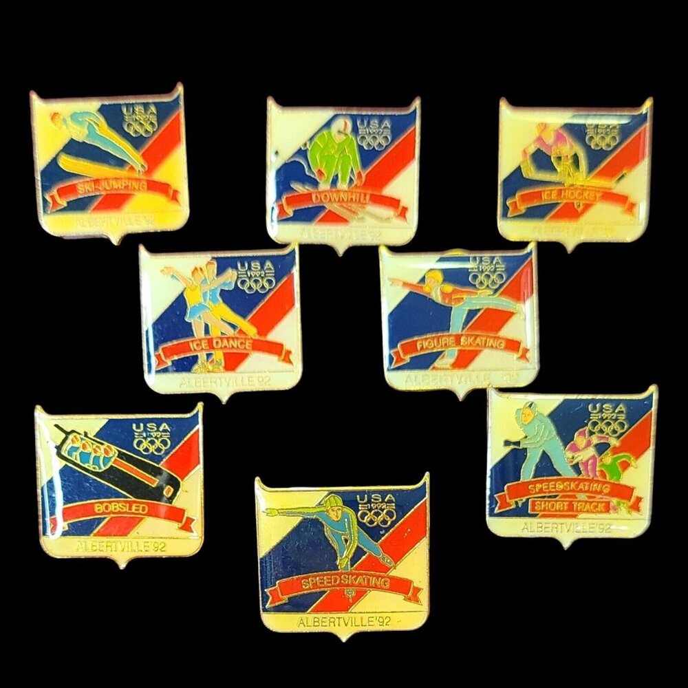 Mix Lot (8) USA 1992 Albertville Pins Lapel Hat WINTER Olympics‎ Pinback Vintage